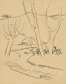 Cautious Prints: Deer in the forest, 1920-1929. Creator: Arnold Peter Weisz-Kubincan