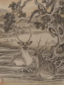 Antler Prints: Deer and Monkeys, ca. 1887. Creator: Kawanabe Kyosai