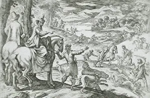 Hunting Dogs Prints: Deer and Wolf Hunt, 16th century. Creator: Antonio Tempesta
