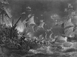 The defeat of the Spanish Armada, 1588 (c1857).Artist: J Rogers The defeat of the Spanish Armada, 1588 (c1857).Artist: J Rogers