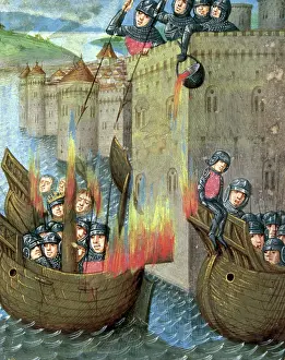 Boiling Prints: Defenders pour boiling oil onto attacking ships, c1473. Creator: Unknown