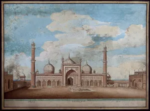 South Asian Prints: Delhi: Jama Masjid, exterior view of east facade, (1820?). Creator: Ghulam Ali Khan