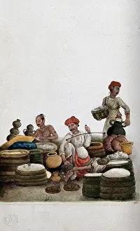 Vendor Prints: Delhi: selling rice in a bazaar, (between 1800 and 1899?). Creator: Unknown