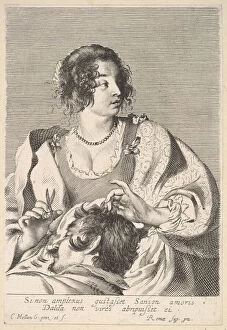 Samson Gallery: Delilah preparing to cut Samsons hair with scissors in her right hand, below her ches