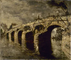 Black Smoke Prints: Demolition of the old Tournelle bridge, before 1920. Creator: Frank Myers Boggs
