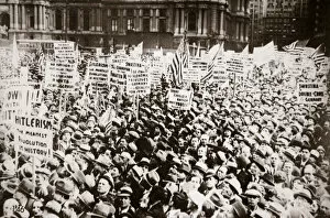 Placard Collection: Demonstration against Hitler in front of City Hall, Philadelphia, Pennslyvania, USA, early 1930s