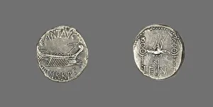 Galley Prints: Denarius (Coin) Depicting a Galley, 32-31 BCE. Creator: Unknown