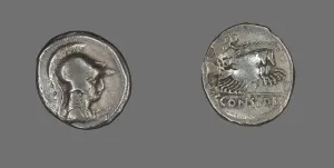Denarius (Coin) Depicting the Goddess Minerva, about 46 BCE. Creator: Unknown