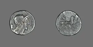 Coin Prints: Denarius (Coin) Depicting a Helmeted Head of Attis, about 78 BCE. Creator: Unknown