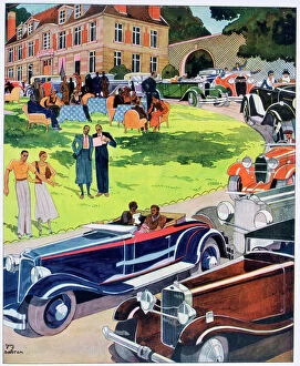 Lawn Gallery: The departure of an automobile rally, 1931. Artist: Guy Sabran