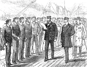 Merchant Seaman Prints: Departure of a Cunard steamer from Liverpool: muster of the crew for inspection