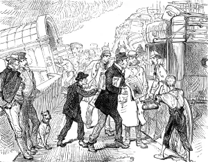 Embarking Prints: Departure of a Cunard steamer from Liverpool: passengers arriving at the landing-stage