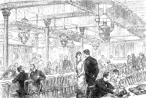 Steam Ships Prints: Departure of a Cunard steamer from Liverpool: the Saloon, 1881. Creator: Unknown