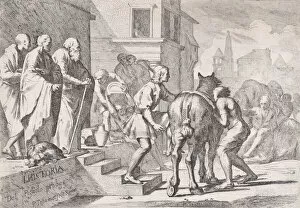 The departure of the prodigal son, shown about to mount a horse, from a series of four