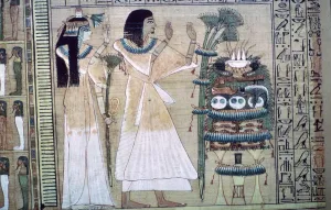 Osiris Gallery: Depiction of a man and his wife making offerings to Osiris