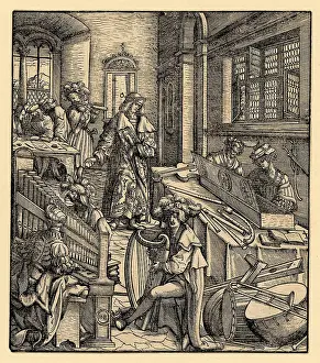 Der Weisskunig: The young Maximilian in a room filled with a wide range of musicals... 1514-16. Creator: Burgkmair, Hans, the Elder (1473-1531)
