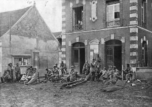 Marne Champagne Ardenne France Prints: Des blesses Allemands a la Mairie de Vareddes, 1914. Creator: Unknown