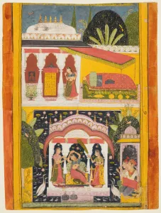 Color On Paper Prints: Desavarari Ragini, from a Ragamala series: A lady and two attendants in a bower in