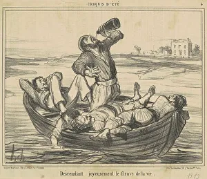 Drunkard Prints: Descendant joyeusement le fleuve de la vie, 19th century. Creator: Honore Daumier