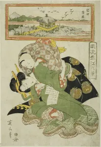 Descending Geese at Katada (Katada rakugan), from the series Fashionable Eight Views... c.1814/17. Creator: Kikukawa Eizan. Descending Geese at Katada (Katada rakugan), from the series Fashionable Eight Views... c.1814/17