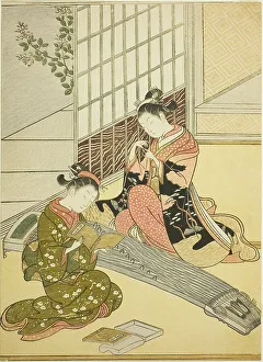 Descending Geese of the Koto Bridges (Kotoji no rakugan), from the series Eight Views... c. 1766. Creator: Suzuki Harunobu. Descending Geese of the Koto Bridges (Kotoji no rakugan), from the series Eight Views... c. 1766