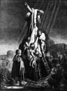 The Descent From The Cross, etching by Rembrandt, 1870. Creator: Unknown
