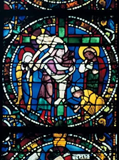 Lowering Gallery: The Descent from the Cross, stained glass, Chartres Cathedral, France, 1194-1260