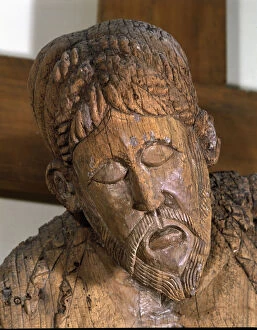 Descent of Erill-la-Vall, detail of the face of Christ, 12th century polychromed sculpture