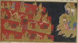 Quran Prints: The descent of Muhammad into the Netherworld. From Miraj Nameh, 1436. Creator: Anonymous