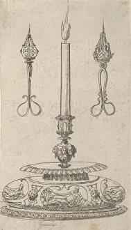 Erasmus Prints: Design for a Candlestick with Candle Wick Trimmers, 1560-70. Creator: Erasmus Hornick