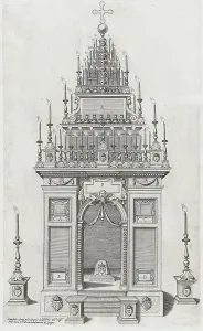Catafalque Prints: Design of the catafalque for the exequies of the Marchesa di Villena in San Giacomo degli