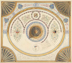 Crace Gallery: Design for Ceiling with Two Portraits and Fan Supports at Corners, 19th century