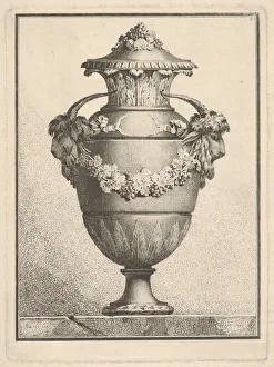 Bossi Prints: Design for a covered vase with two goat heads and a garland, 1764. Creator: Bossi
