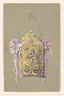 Graphite Mineral Prints: Design for an evening bag with a gilded silver bracket and tie ribbons