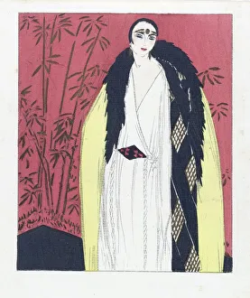 Feminine Prints: Design for an Evening dress with Fur Trimmed Cape, pub. 1924 (pochoir print). Creator