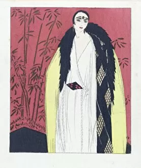 Design for an Evening dress with Fur Trimmed Cape, pub. 1924 (pochoir print). Creator