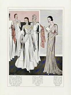 Design for Evening Dresses by Depouy-Magnin, Worth, and Redfern, pub. 1931 (colour lithograph)