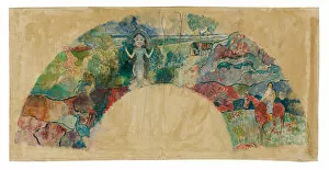 Design for a Fan Featuring a Landscape and a Statue of the Goddess Hina, 1900 / 03