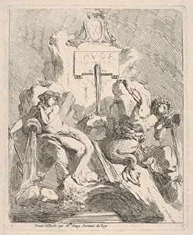 C Hutin Collection: Design for a fountain with a seated nymph at left and triton holding a shell to his mouth