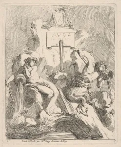 Half Man Prints: Design for a fountain with a seated nymph at left and triton holding a shell to his mouth