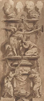 Brush And Brown Wash Collection: Design for a Funerary Monument or Epitaph with Mourning Figures, 18th century