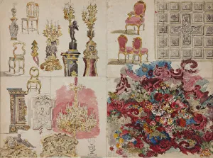 Design of furniture, ceiling, lamps, decorative wall painting with flowers for