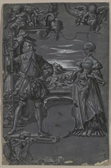 Tobias Stimmer Prints: Design for Glass Painting: Man and Woman in Architectural Setting, second half 1500s