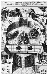 Lock Gates Prints: Design for hinged canal lockgates by Leonardo da Vinci, 15th century (1956)