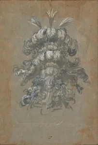Bartolommeo Prints: Design for a Lavish Headdress with Feathers on a Helmet (frontal view), ca. 1620-56