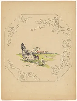 Design for model square board with a hen and three chicks, c.1875-c.1880. Creator: Albert Louis Dammouse