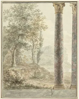 Corinthian Prints: Design for mural with landscape and fragment of antique building, 1700-1800. Creator: Anon