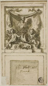 Thornhill James Prints: Design for the Overmantel of a Chimneypiece with Bust of Pompilius Numa, n. d