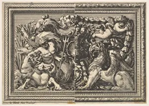 Hippo Prints: Design for a Panel with Two Variants containing a Hippocamp and a Griffin