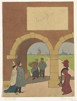 Gatehouse Prints: Design with pedestrians at a gatehouse, 1868-1940. Creator: Johan Coenraad Braakensiek